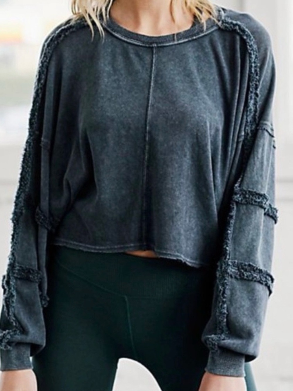 Free People Movement Magnolia Long Sleeve Crop Top Frayed Edges Charcoal XS EUC